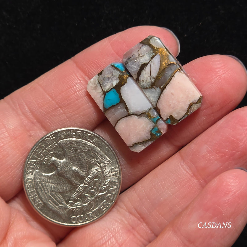 Pink Opal and Kingman Turquoise Composite Cabochon Pair