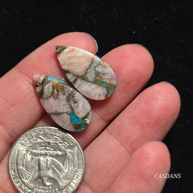 Pink Opal and Kingman Turquoise Composite Cabochon Pair