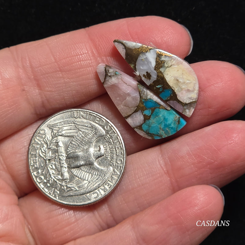 Pink Opal and Kingman Turquoise Composite Cabochon Pair