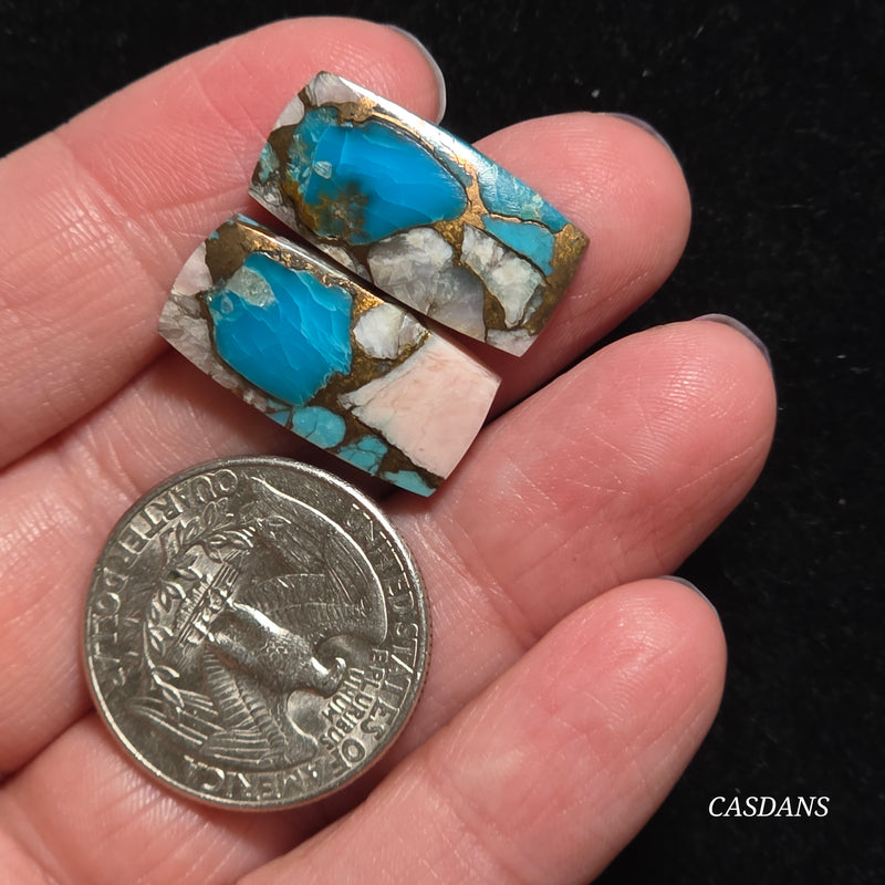 Pink Opal and Kingman Turquoise Composite Cabochon Pair