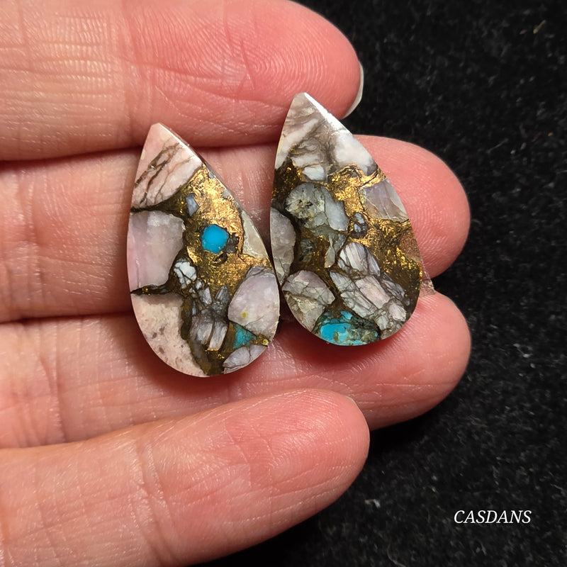 Pink Opal and Kingman Turquoise Composite Cabochon Pair