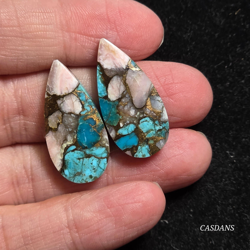 Pink Opal and Kingman Turquoise Composite Cabochon Pair