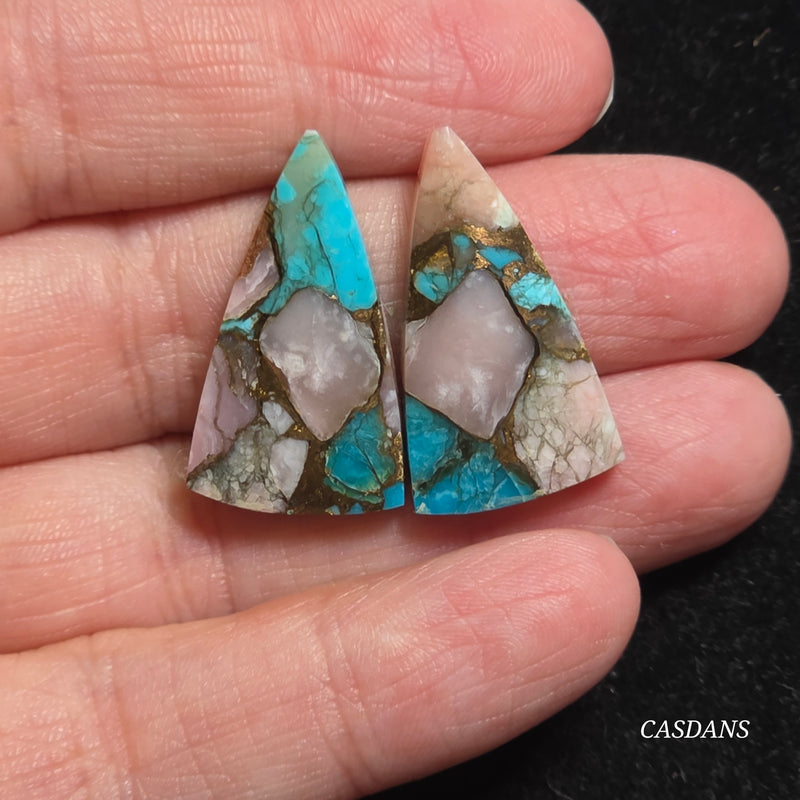 Pink Opal and Kingman Turquoise Composite Cabochon Pair