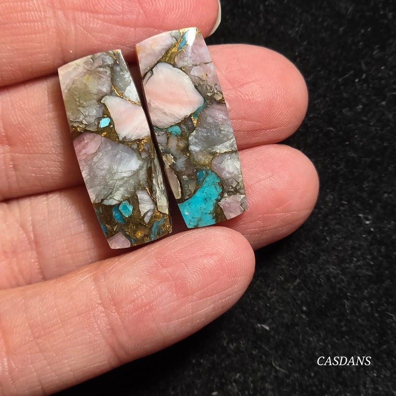 Pink Opal and Kingman Turquoise Composite Cabochon Pair