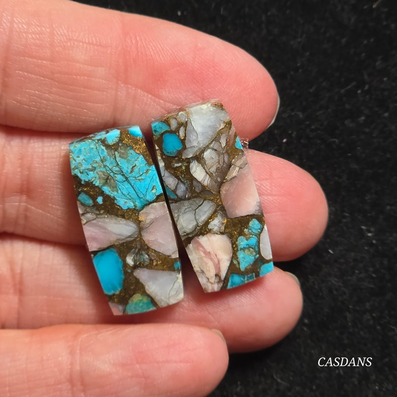 Pink Opal and Kingman Turquoise Composite Cabochon Pair