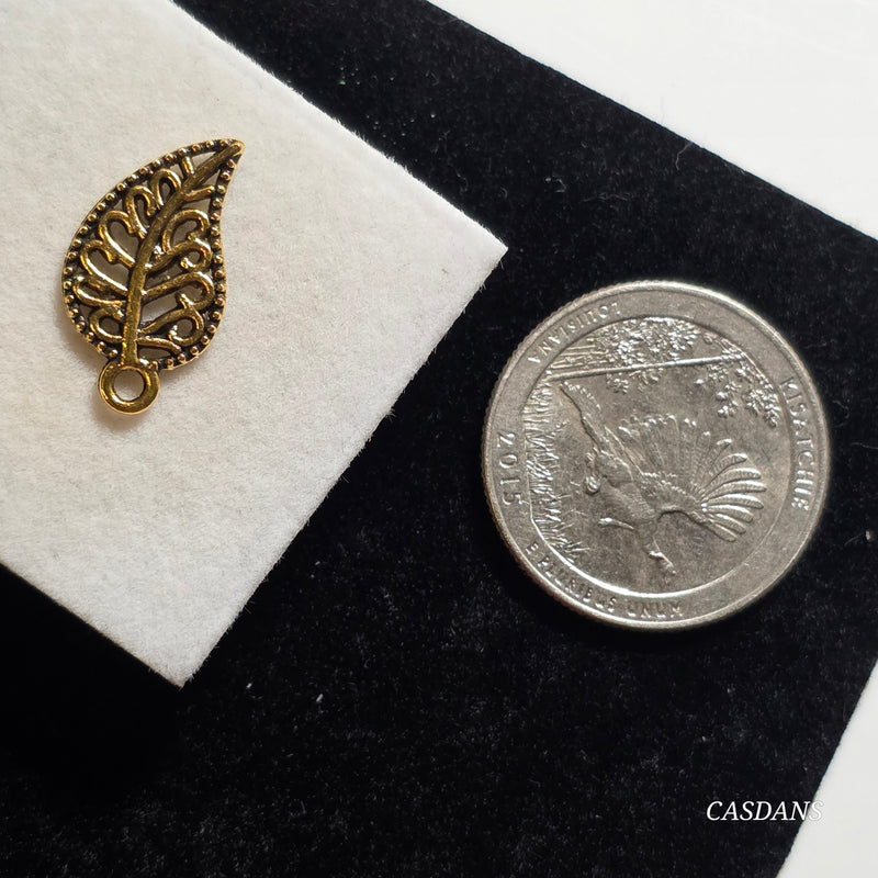 Antique Gold Tone Filigree Leaf Charm - 10x19mm