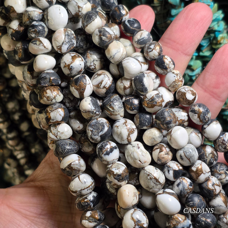Kingman, White Buffalo Turquoise & Bronze Composite, Hand-cut, Semi-Round Beads, 8 Inch Strand