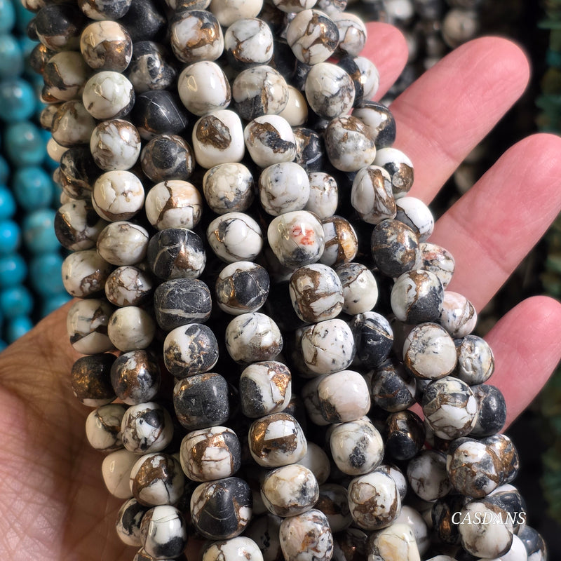 Kingman, White Buffalo Turquoise & Bronze Composite, Hand-cut, Semi-Round Beads, 8 Inch Strand